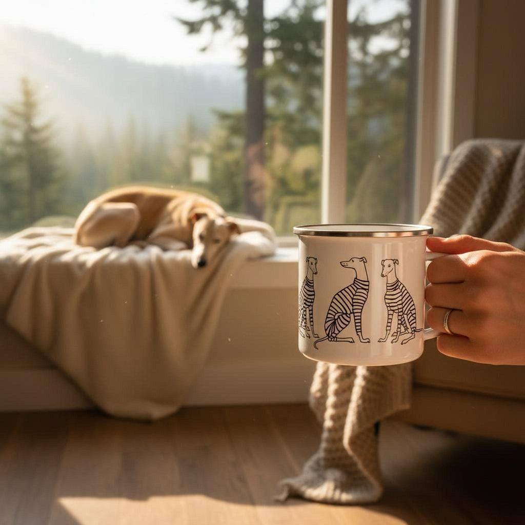 A hand holds a white enamel mug featuring a hand-drawn illustration of whippets in striped sweaters, with a light-colored dog resting on a blanket near a window overlooking trees.