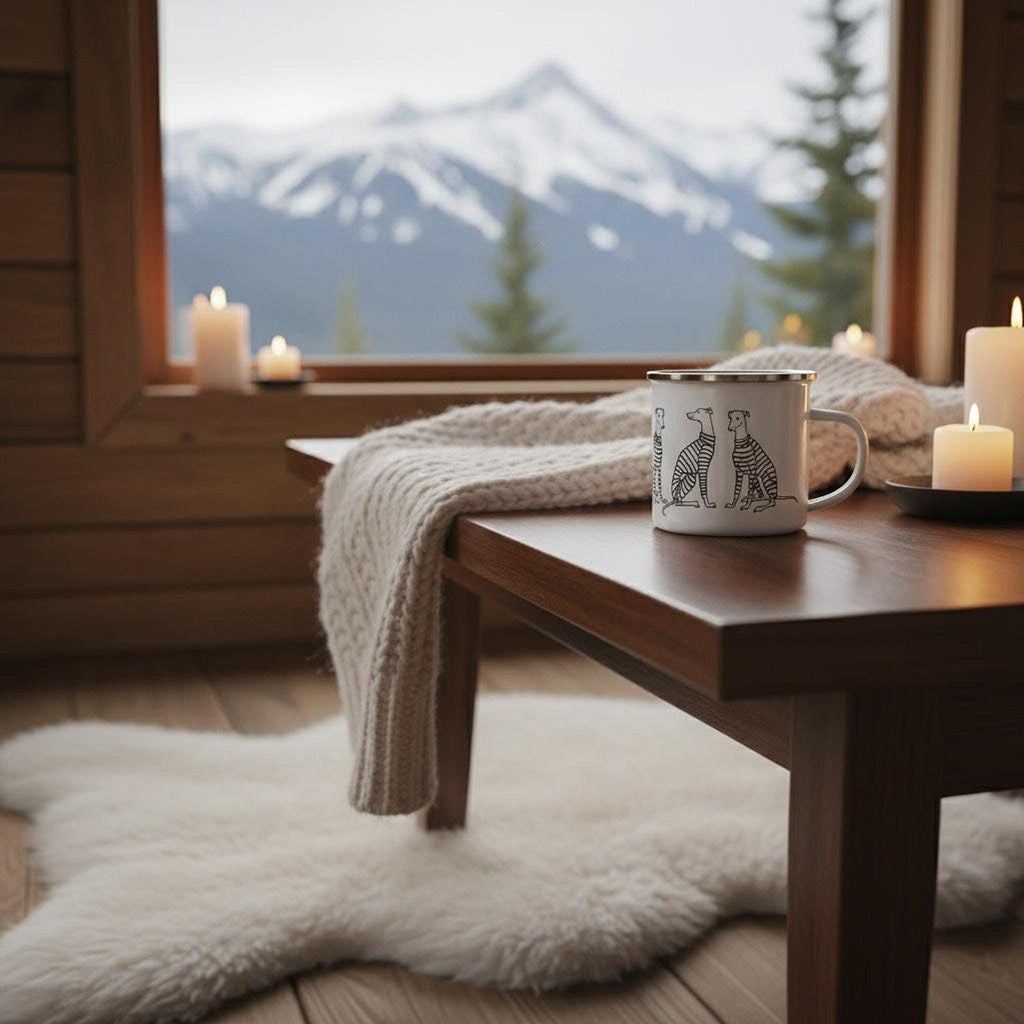 A white enamel mug with illustrations of whippets sits on a wooden coffee table next to lit candles, with a snowy mountain landscape visible through the window behind.