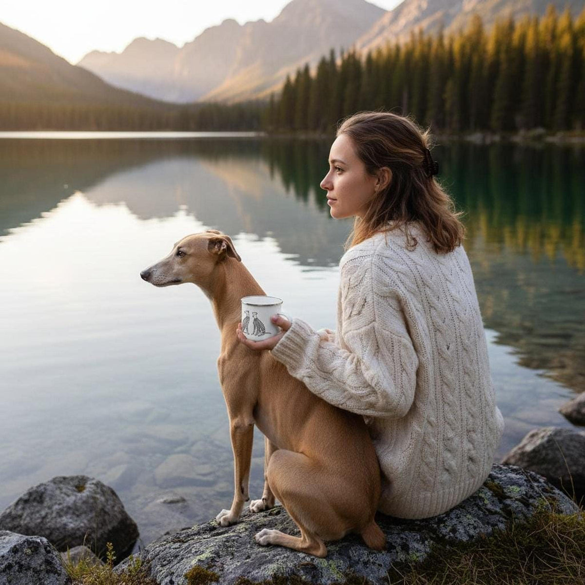 A woman in a white cable-knit sweater sits on rocks by a calm lake with a whippet dog, holding a white enamel mug against a backdrop of mountains and trees.