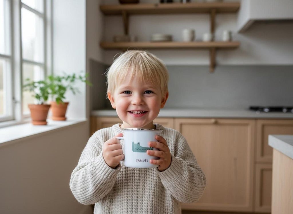A smiling blonde child holding a white enamel mug with a crocodile illustration and the name Samuel in a kitchen.