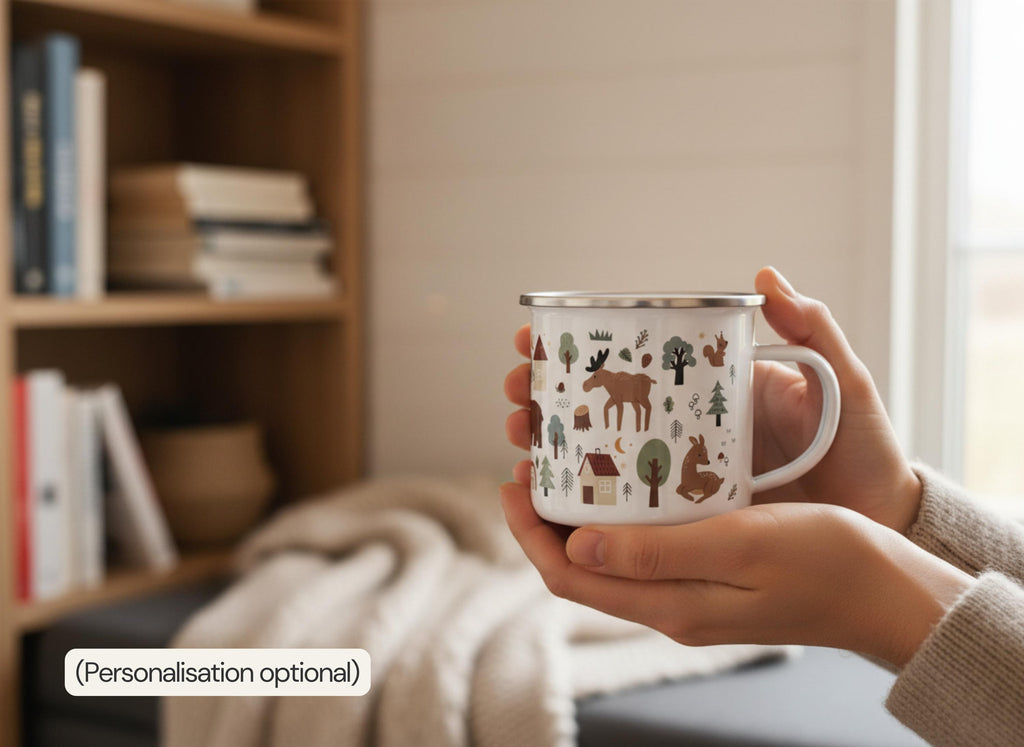 A pair of hands hold up a white enamel mug decorated with woodland animals and trees, with a bookshelf and blanket blurred in the background.
