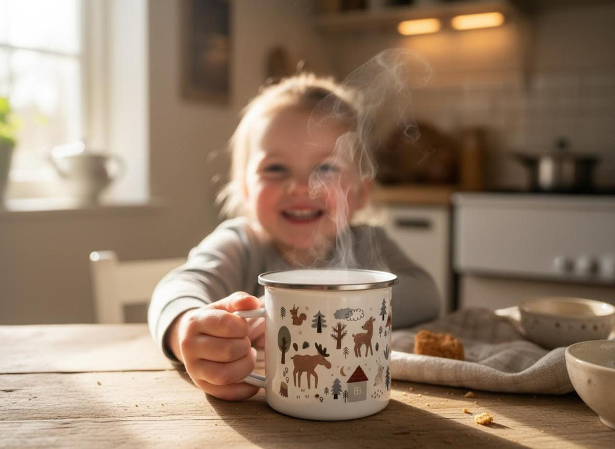 A smiling toddler holding up a steaming woodland enamel mug at a wooden table in a kitchen.