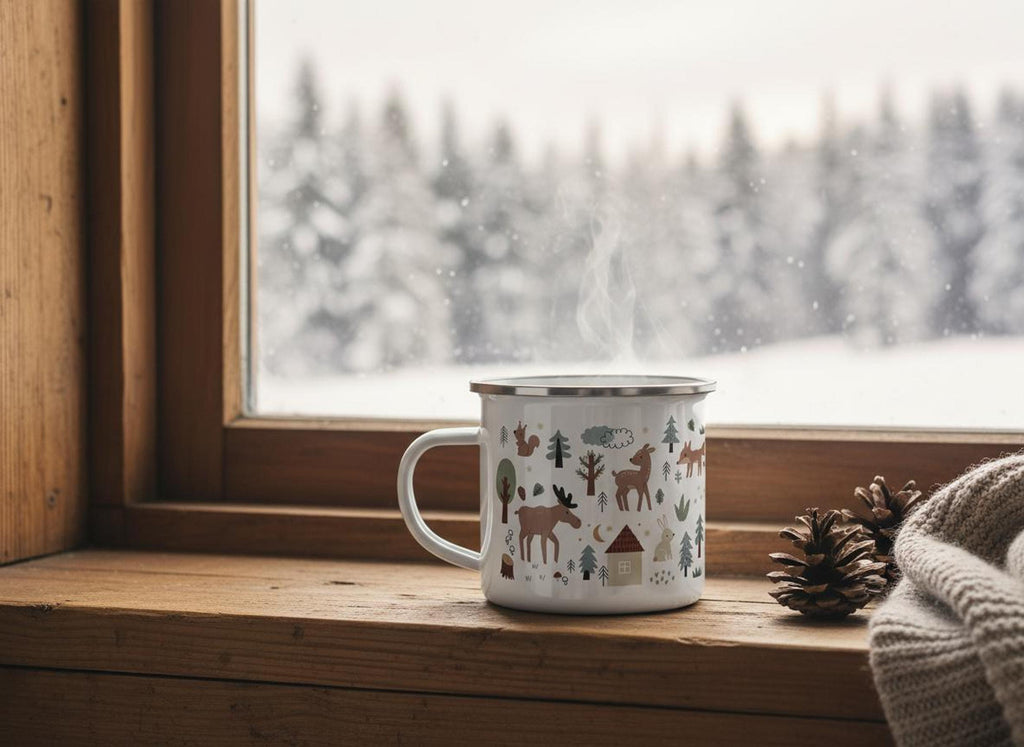 A steaming white enamel mug with a woodland motif sits on a wooden windowsill next to pinecones and a blanket, with a snowy forest visible outside.