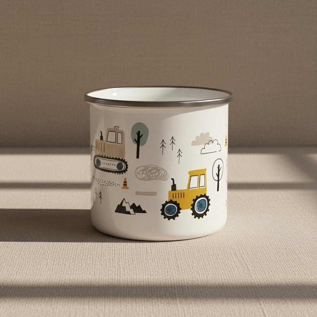 A white enamel mug with a silver rim sits on a beige textured fabric surface, displaying illustrations of construction vehicles, trees, and clouds.
