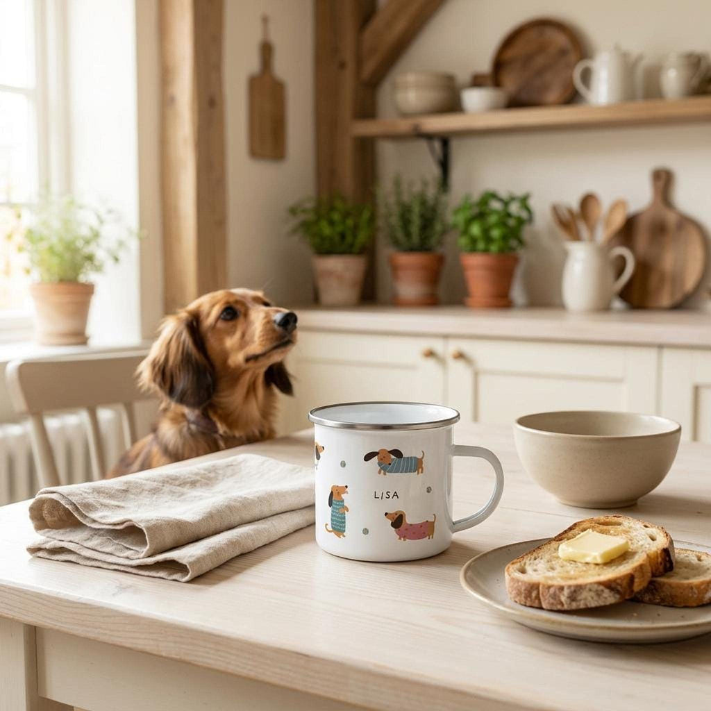 A white enamel mug with dachshund art sitting on a kitchen table next to a bowl, folded cloth, and toast.