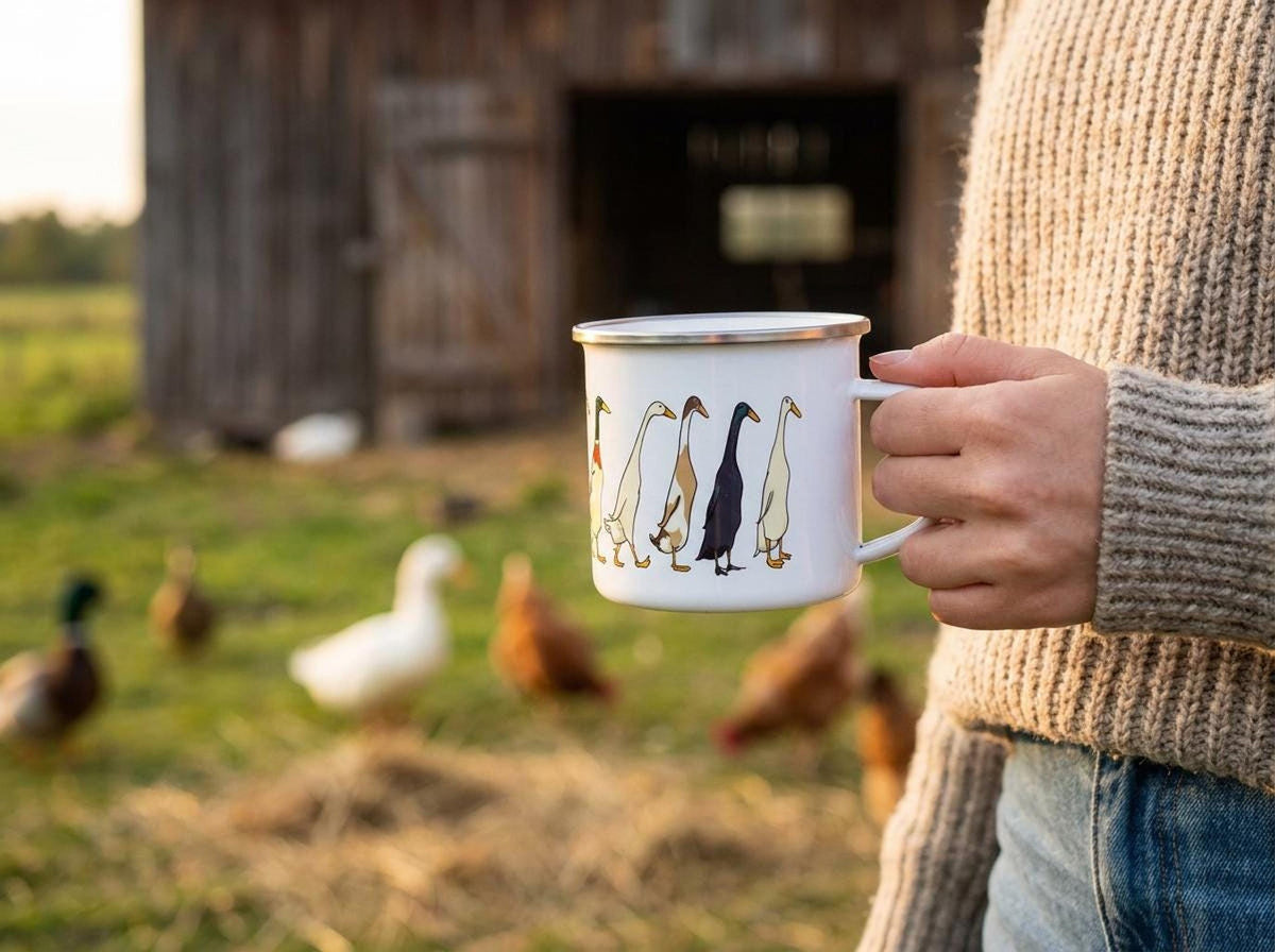 A person wearing a textured beige sweater holds a white enamel duck mug outdoors on a farm, with live ducks and a barn in the background.