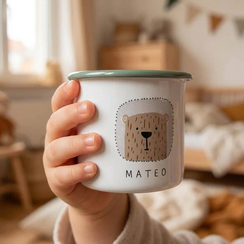 A child holds a white enamel mug with a bear illustration and the name Mateo printed below it.