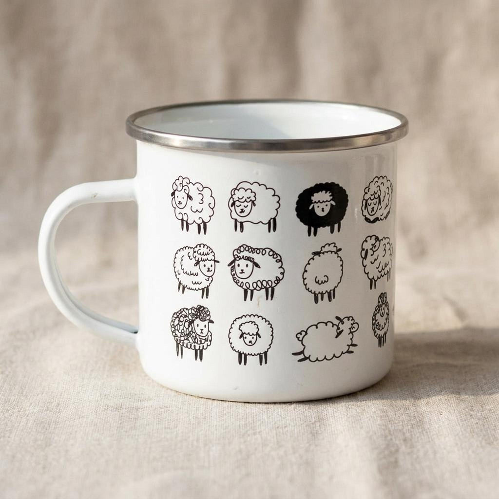 A white metal enamel mug with a silver rim displays a grid pattern of cute black cartoon sheep illustrations against a neutral textured fabric background.