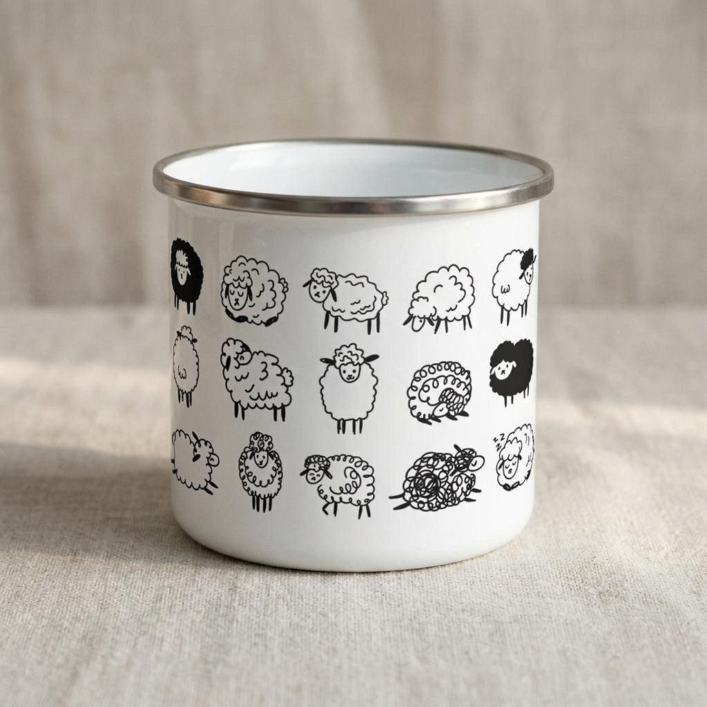 A white enamel camping mug features various black line drawings of sheep, including a few solid black sheep, and rests on a tan fabric surface.