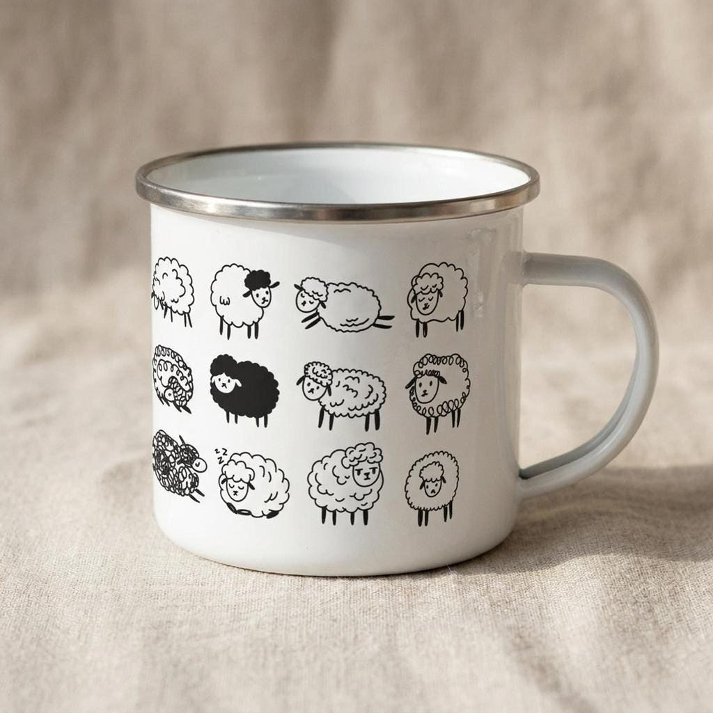 A white enamel mug with a silver rim and handle is printed with multiple black sheep illustrations, set against a light brown textured backdrop.