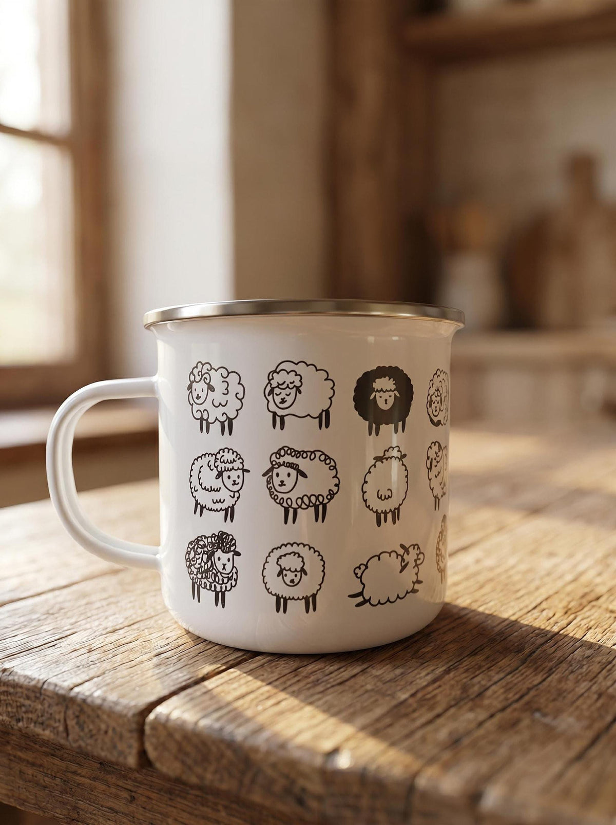 A white enamel mug with black sheep graphics stands on a wooden surface in warm sunlight near a window.