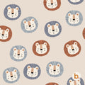 Digital repeat pattern featuring cute lion faces in circular manes of blue and brown on a beige background.