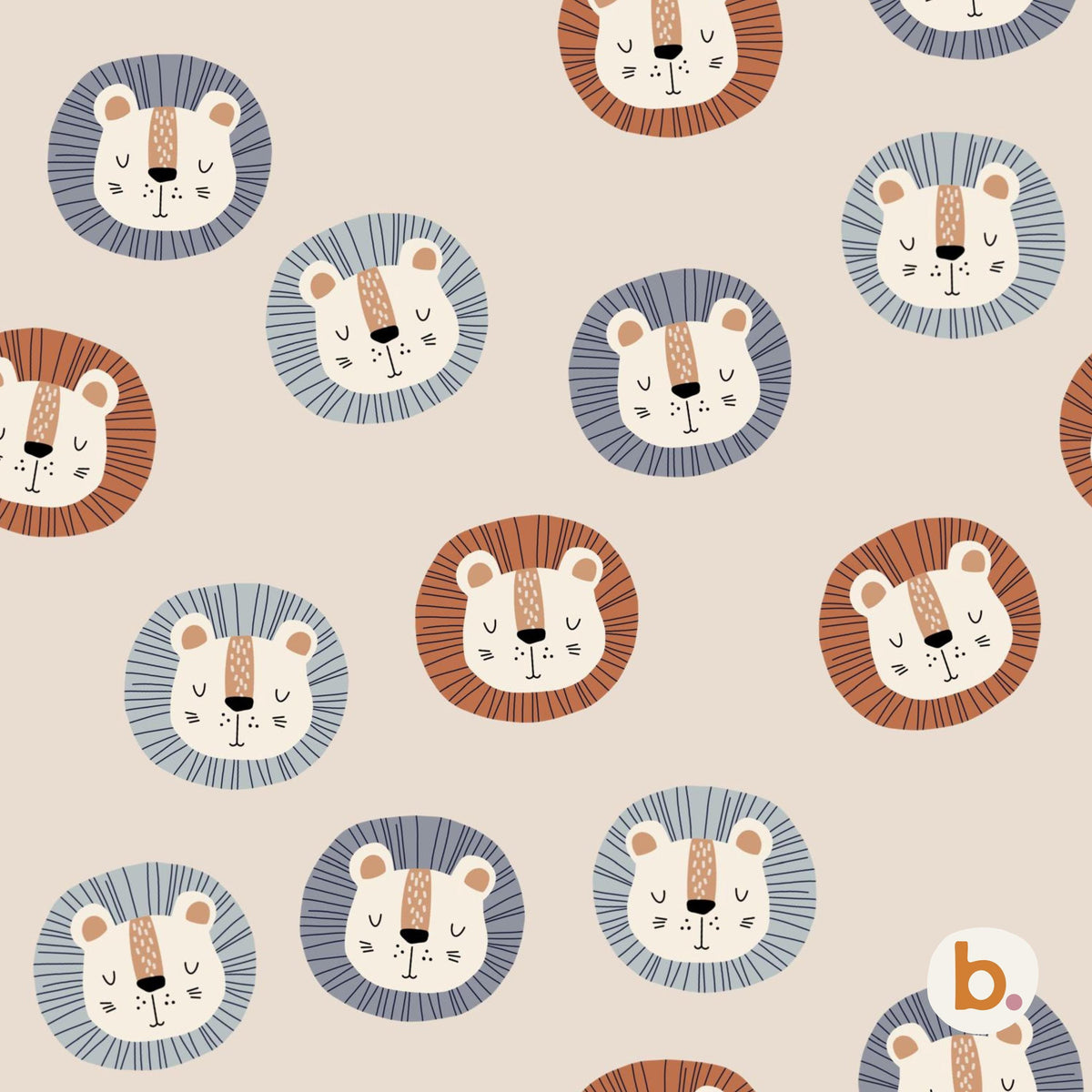 Digital repeat pattern featuring cute lion faces in circular manes of blue and brown on a beige background.