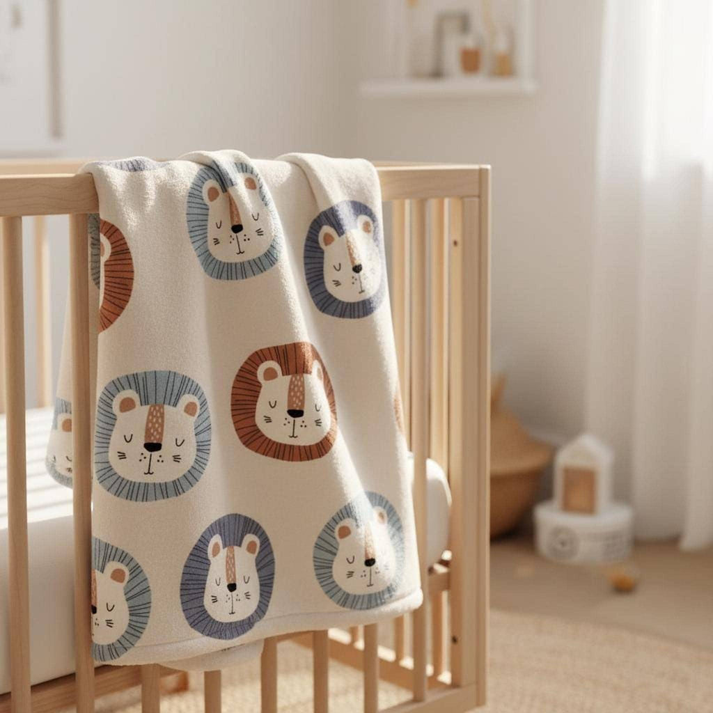 Baby blanket with a cartoon lion face pattern draped over the side of a wooden crib in a nursery.