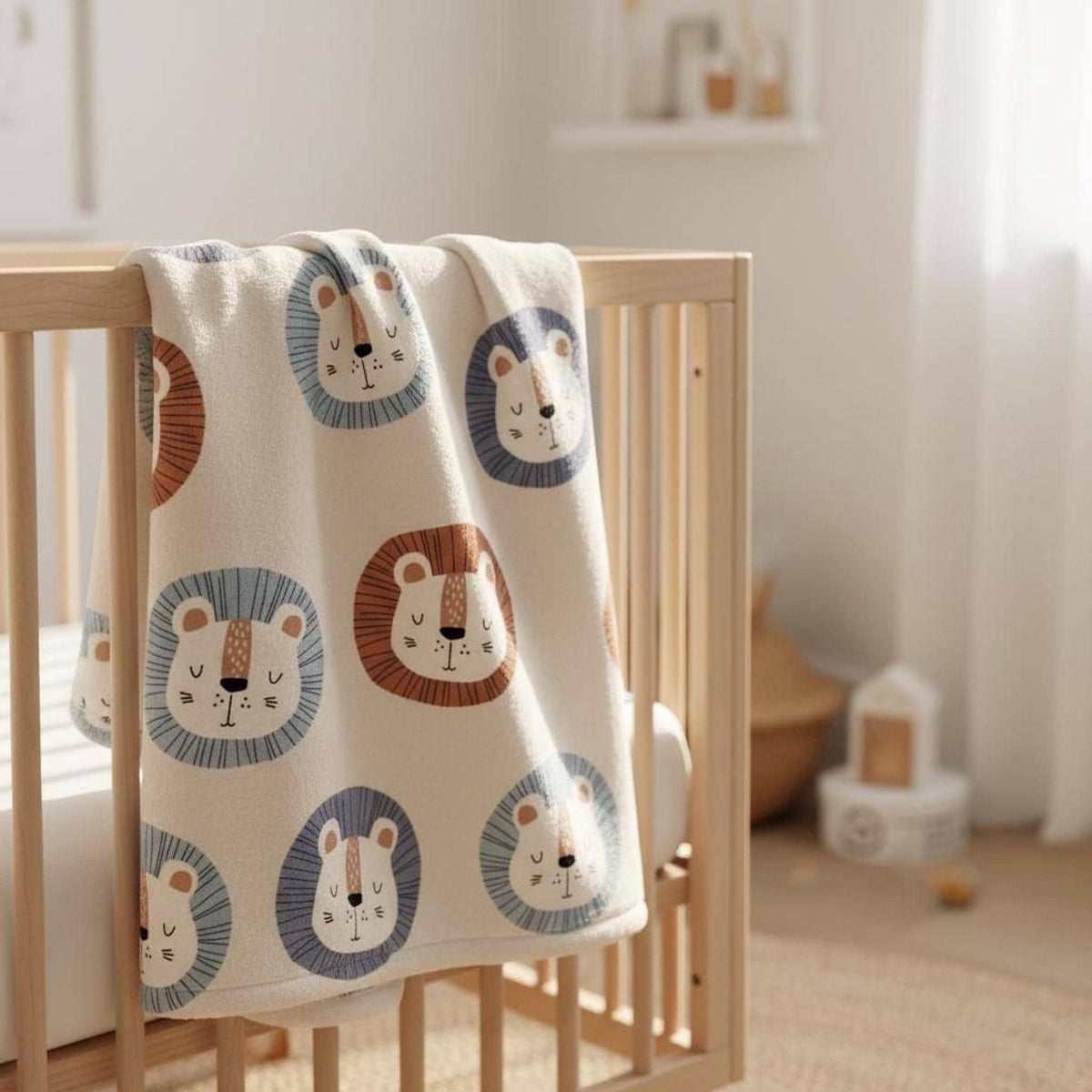 Baby blanket with a cartoon lion face pattern draped over the side of a wooden crib in a nursery.