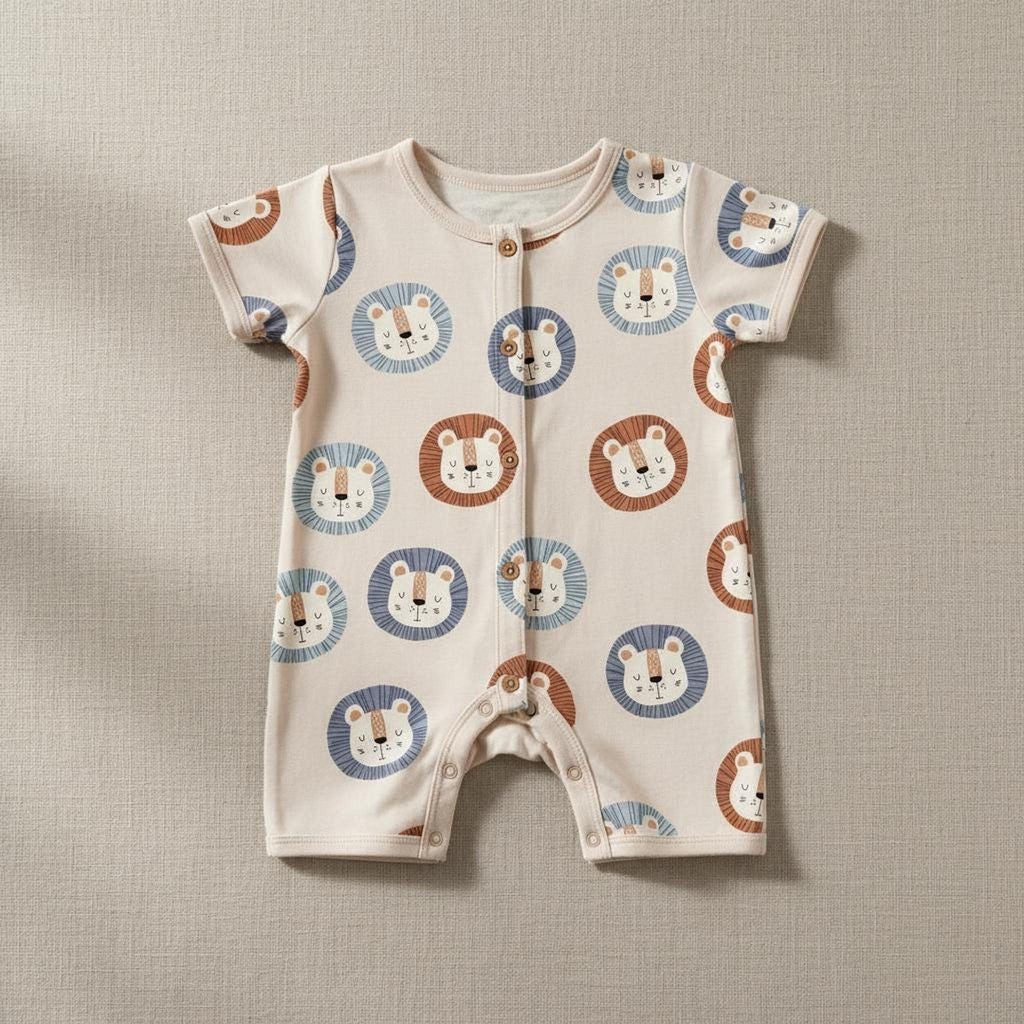 Short-sleeve baby romper featuring an all-over print of cartoon lion faces against a neutral cream background.