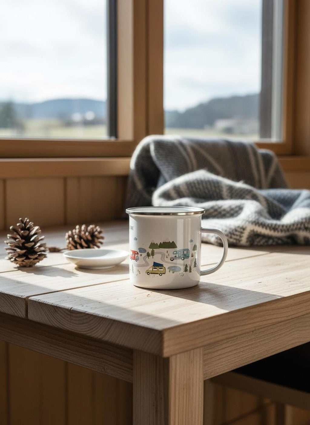 The enamel camp mug sits on a wooden table next to pinecones and a small dish, with a folded blanket and window in the background.