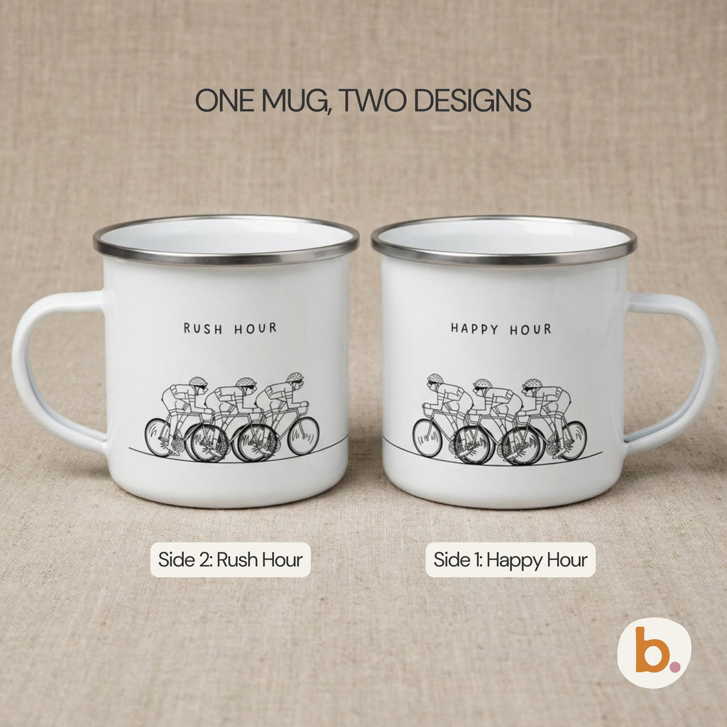An informational image showing two white enamel mugs, with Side 1 labeled HAPPY HOUR and Side 2 labeled RUSH HOUR.