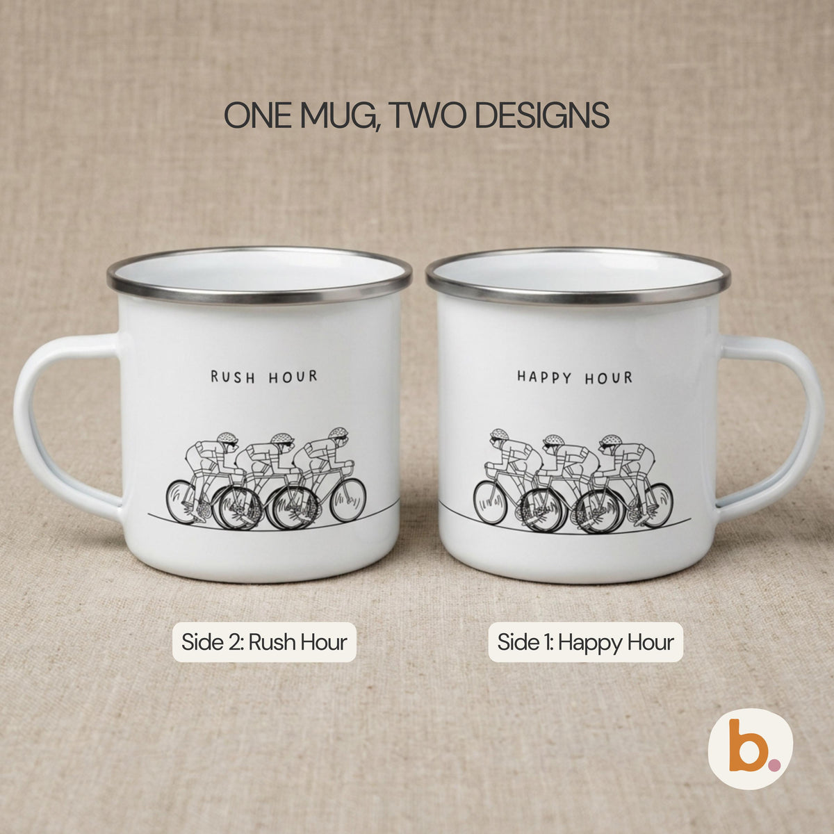 An informational image showing two white enamel mugs, with Side 1 labeled HAPPY HOUR and Side 2 labeled RUSH HOUR.