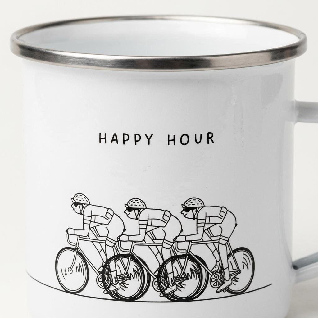 A detailed cropped view of the white mug graphic showing three cyclists riding together below the text HAPPY HOUR.