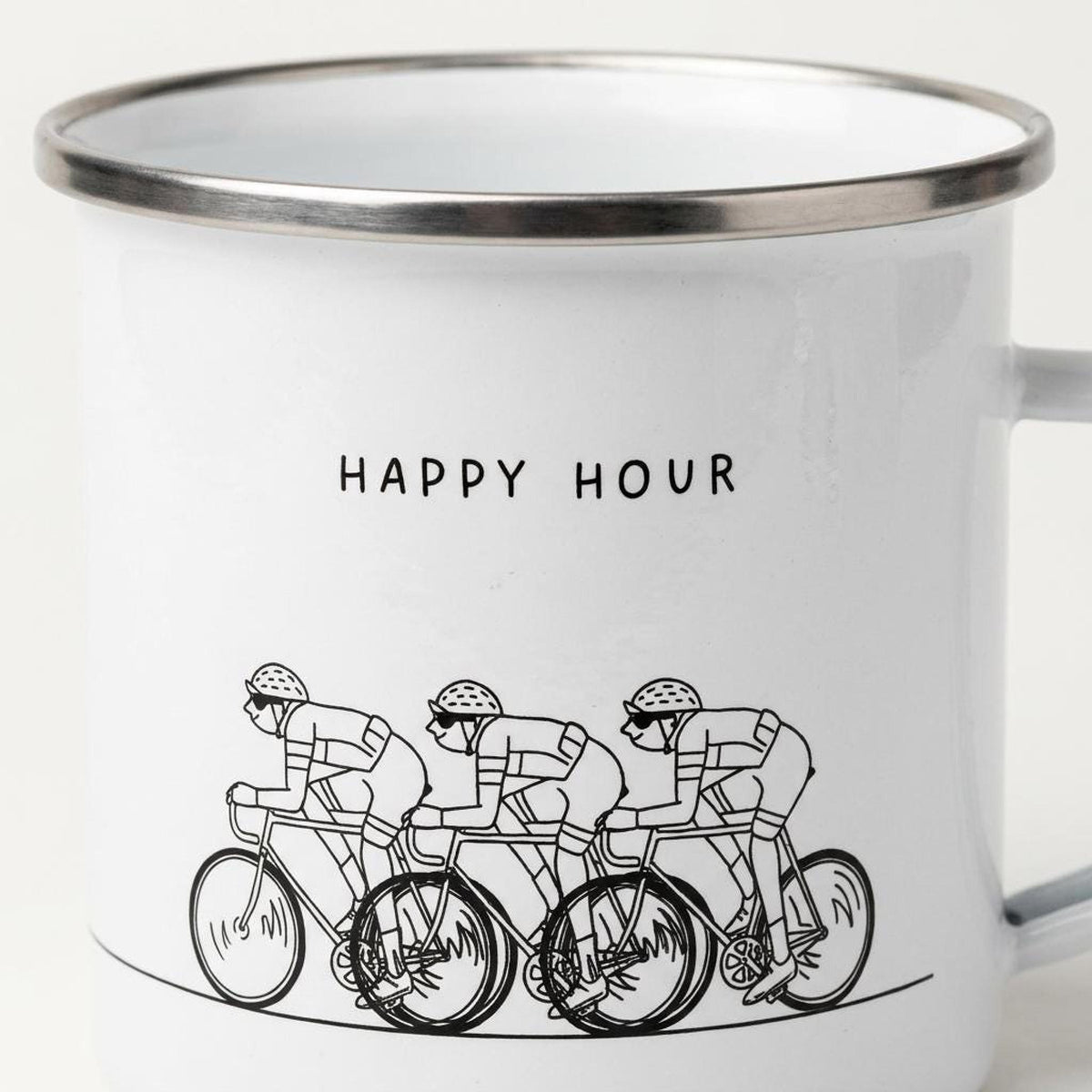 A detailed cropped view of the white mug graphic showing three cyclists riding together below the text HAPPY HOUR.