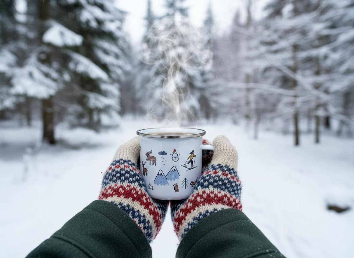 Hands wearing patterned knit mittens hold the steaming white winter-themed enamel mug outdoors in a snowy, tree-filled forest setting.