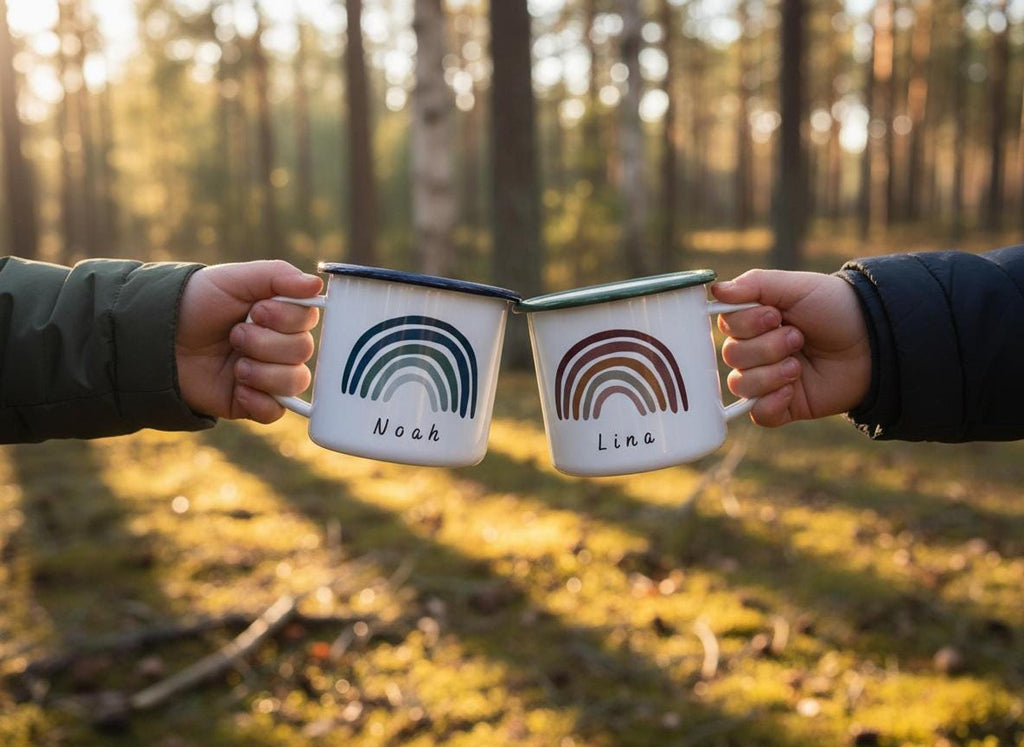 Two hands holding and clinking two enamel rainbow mugs together outdoors in a forest setting.