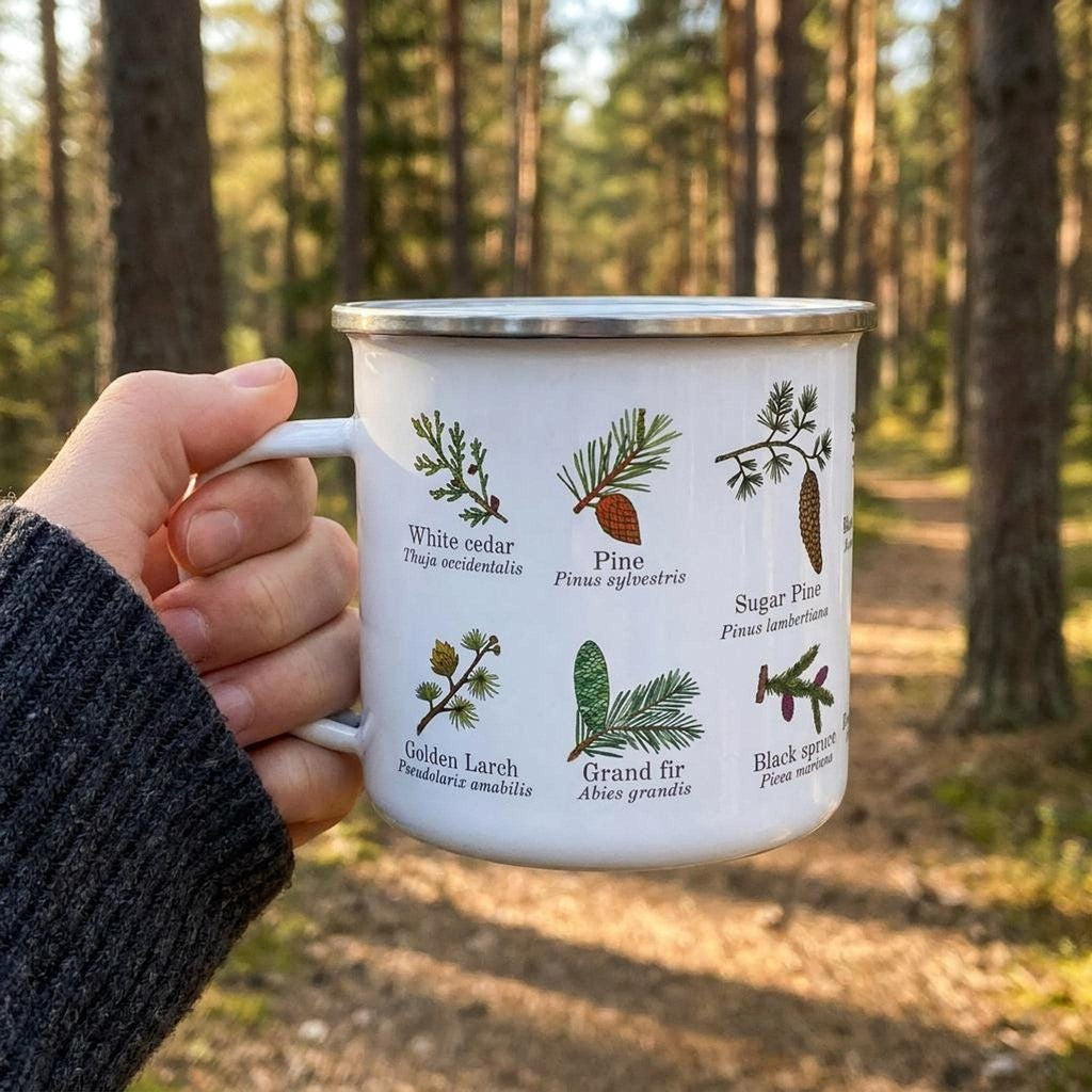 A hand holds a white enamel mug featuring botanical illustrations of conifer species against a blurred forest background.