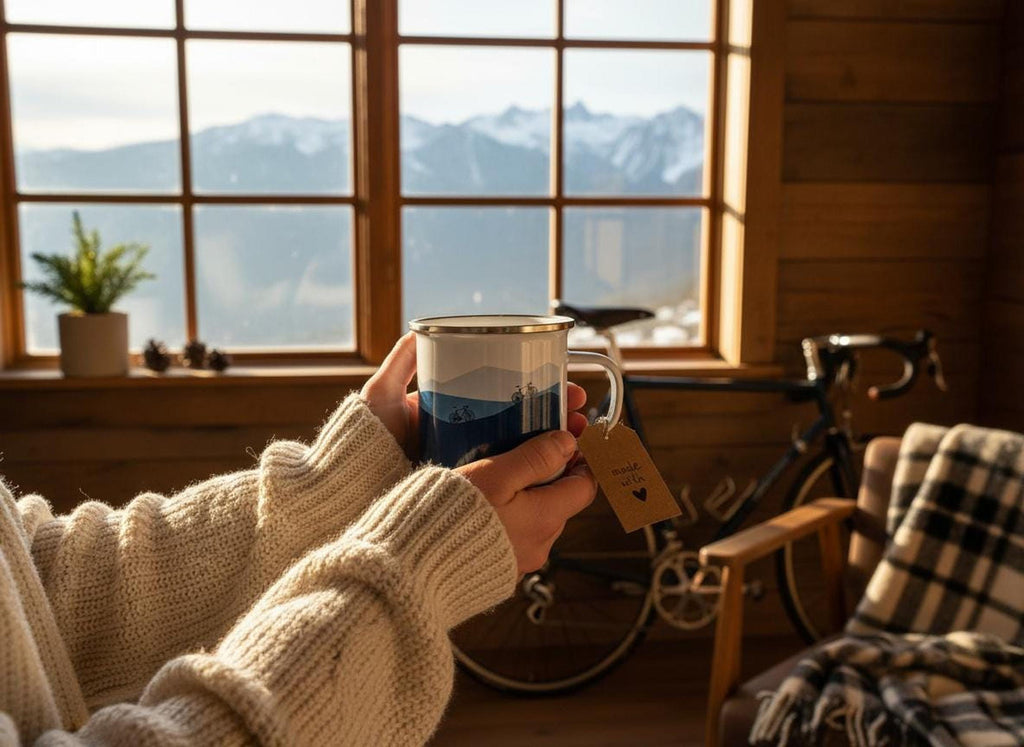 A person in a cream sweater holding a blue-patterned enamel mug with a tag in a cabin overlooking snowy mountains.