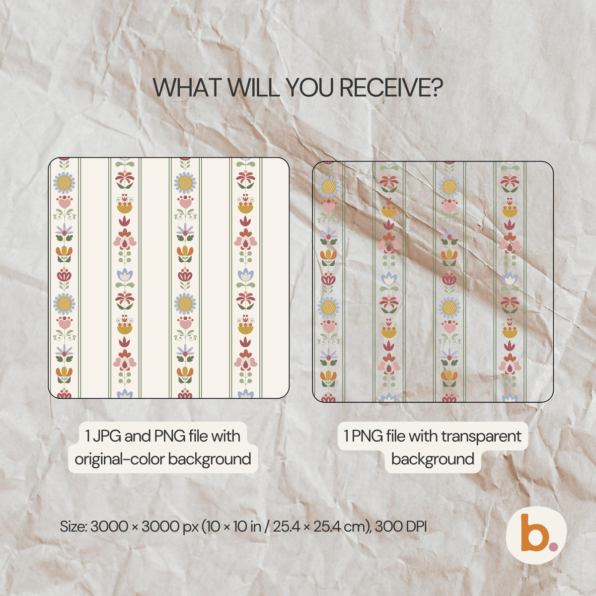 Digital graphic files featuring a repeating vertical stripe pattern with colourful folk-style floral motifs. Includes one JPG and two PNG files, one with an original-colour background and one with a transparent background, sized 3000 x 3000 px.