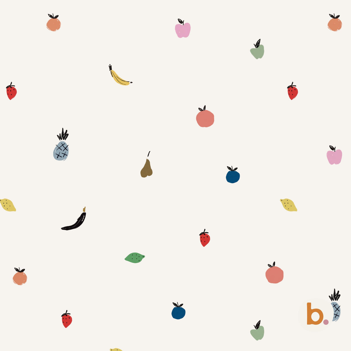 A light cream-coloured fabric featuring a repeating pattern of small, hand-drawn style fruits including strawberries, bananas, pineapples, apples, pears, and blueberries. The text b. is printed in orange in the bottom right corner.