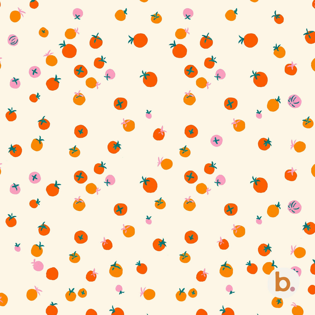 A repeating pattern on a cream background featuring small orange tomatoes with dark green stems and leaves, interspersed with tiny pink circular shapes and a small lowercase letter b in the bottom right corner.