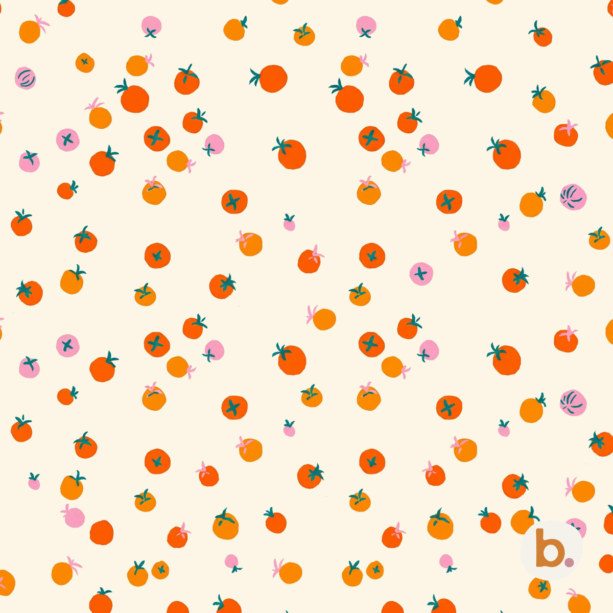 A repeating pattern on a cream background featuring small orange tomatoes with dark green stems and leaves, interspersed with tiny pink circular shapes and a small lowercase letter b in the bottom right corner.