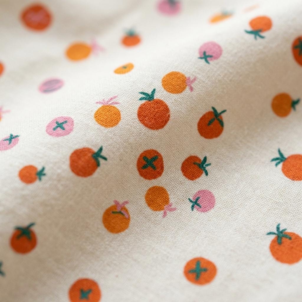 A light beige fabric featuring a repeating pattern of small orange and pink circular shapes. Each shape is accented with a tiny, dark green or pink cross-stitch detail at the top, resembling a simple fruit or berry motif on a woven textile.