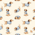 A repeating pattern on a cream background featuring brown dachshunds wearing blue and white striped sweaters. The dogs are depicted in various poses, including standing, sitting upright, stretching, and curled up while sleeping.