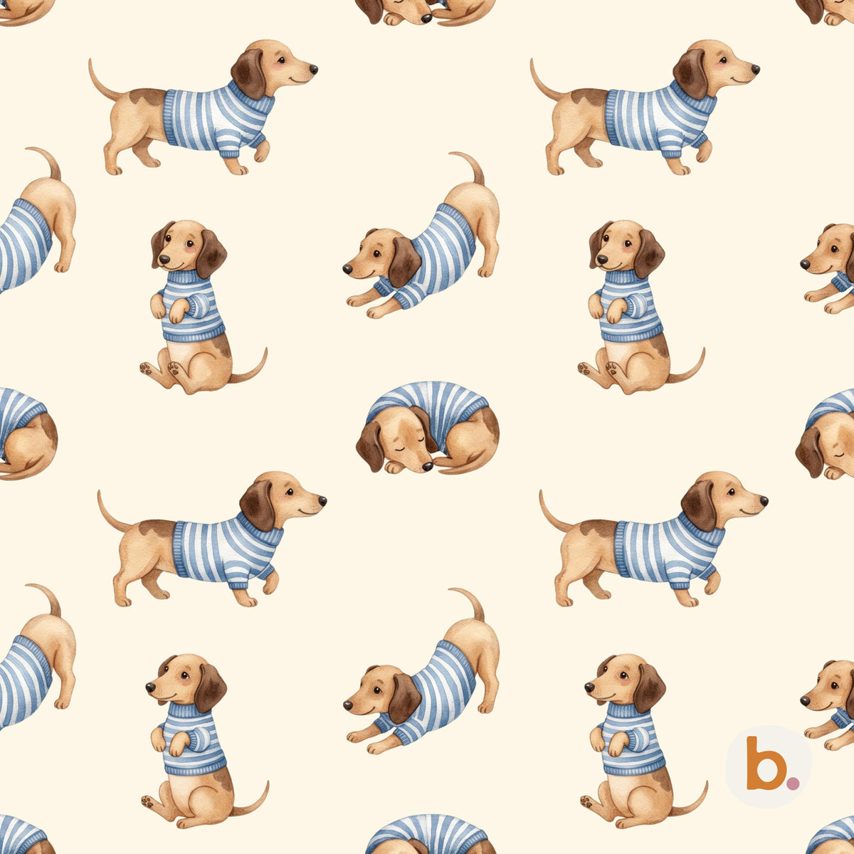 A repeating pattern on a cream background featuring brown dachshunds wearing blue and white striped sweaters. The dogs are depicted in various poses, including standing, sitting upright, stretching, and curled up while sleeping.