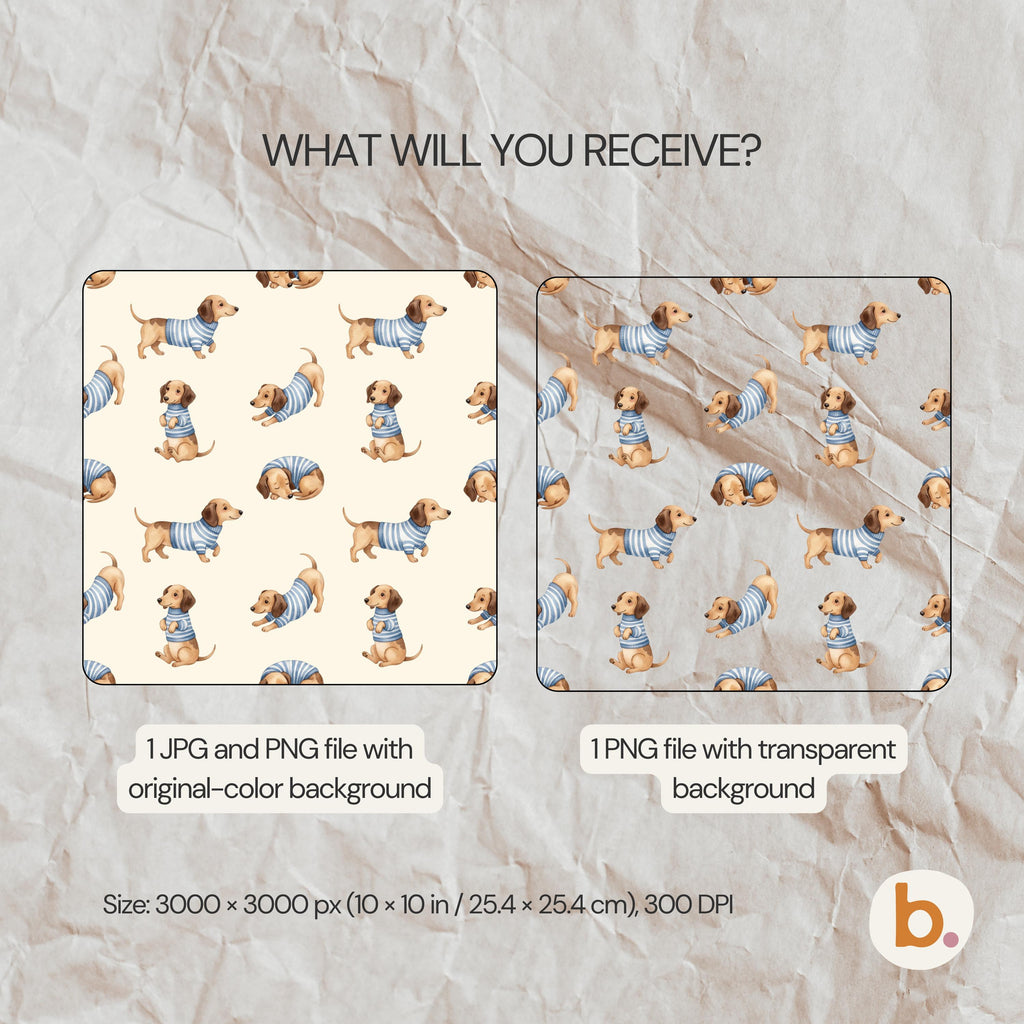 A digital pattern featuring brown dachshunds wearing blue and white striped shirts in various poses. The image includes text stating WHAT WILL YOU RECEIVE, 1 JPG and PNG file with original-colour background, 1 PNG file with transparent background, and Size: 3000 x 3000 px (10 x 10 in / 25.4 x 25.4 cm), 300 DPI.