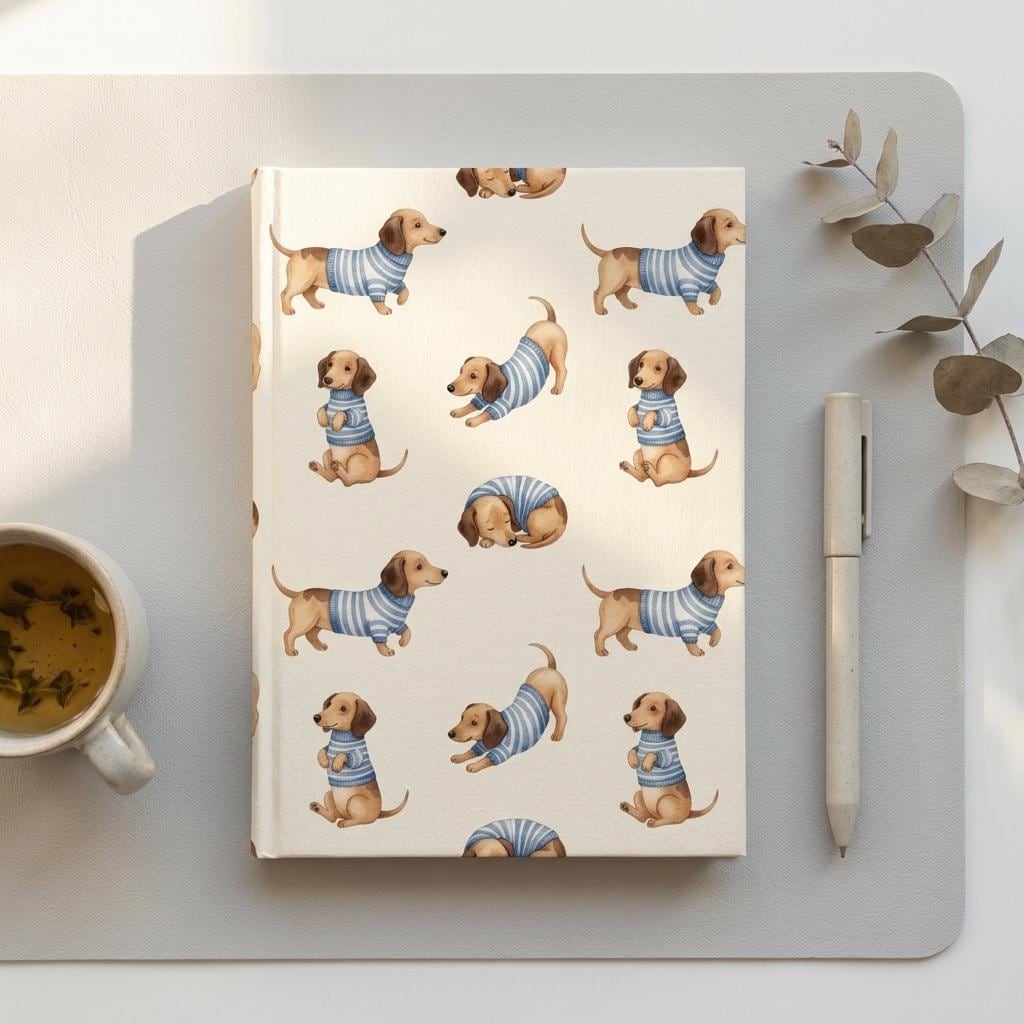 A rectangular notebook with a cream-coloured cover featuring a repeating pattern of brown dachshunds wearing blue and white striped jumpers in various poses, including standing, sitting, stretching, and curled up in a ball.