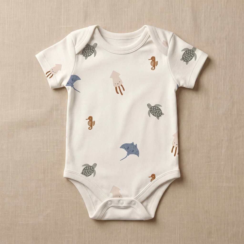 A short-sleeved baby bodysuit in off-white featuring a repeating pattern of small sea creatures including green turtles, brown seahorses, blue stingrays, and light pink squids. The garment has a round neckline and snap closures.