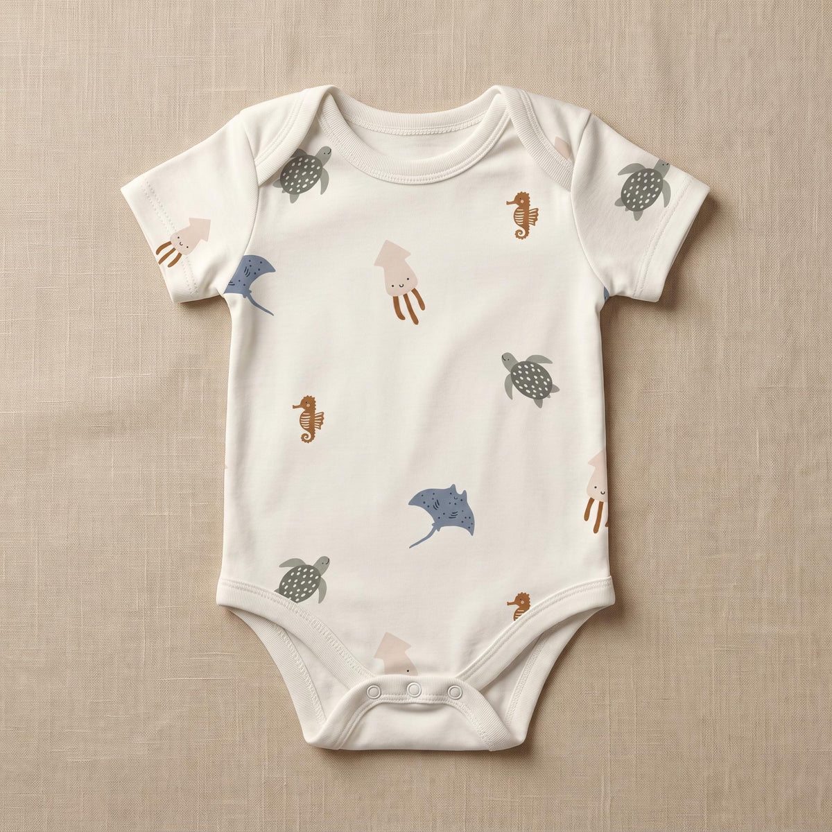 A short-sleeved baby bodysuit in off-white featuring a repeating pattern of small sea creatures including green turtles, brown seahorses, blue stingrays, and light pink squids. The garment has a round neckline and snap closures.
