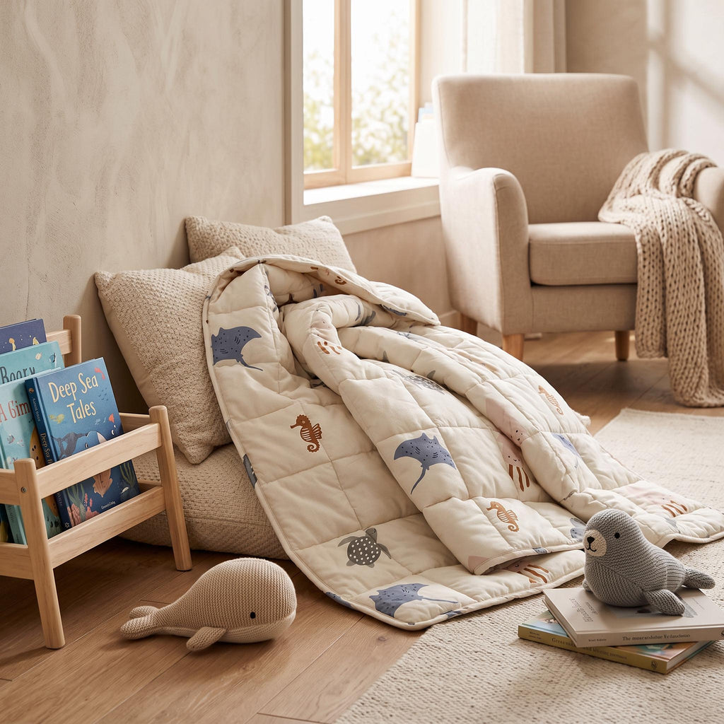 A cream-coloured quilted blanket featuring a repeating pattern of blue stingrays, brown seahorses, and grey sea turtles. The blanket is displayed alongside a wooden book rack containing books, a beige whale plush, and a grey seal plush.