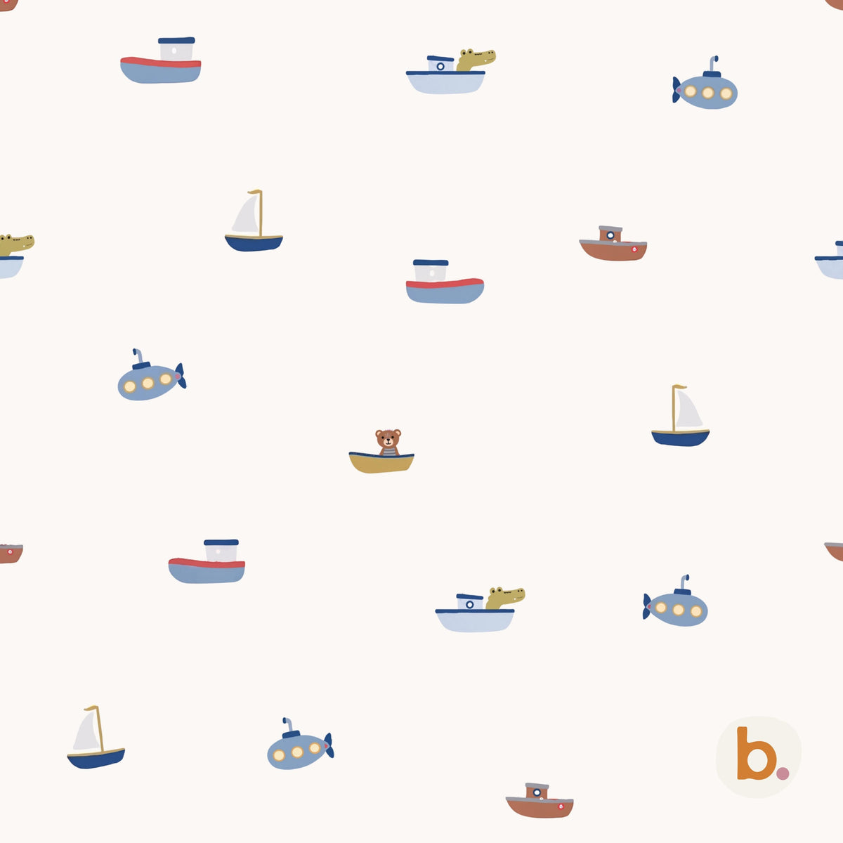 A repeating pattern on a cream background featuring various small boats, sailboats, and submarines in shades of blue, brown, and yellow. Some vessels contain small illustrated animals like a bear and a crocodile. A small logo with the letter b is in the corner.
