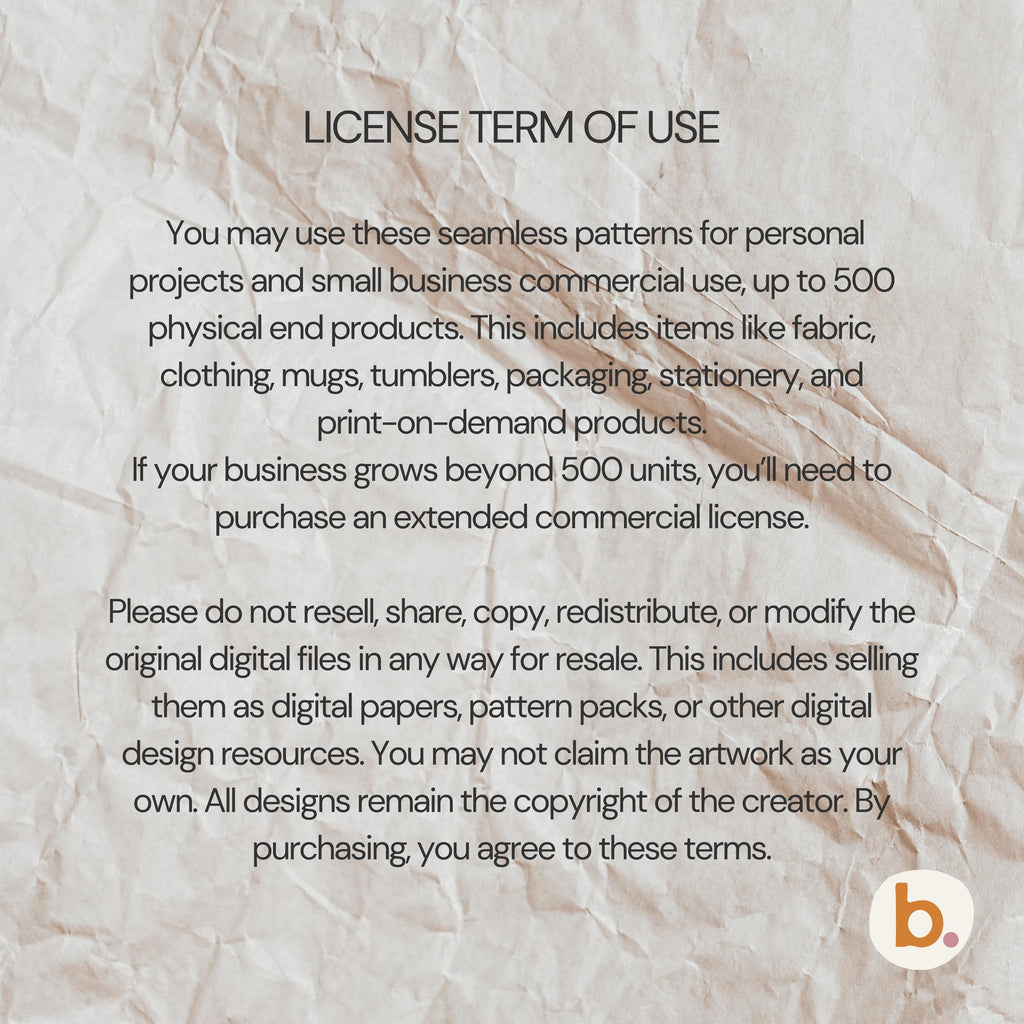 A digital document titled LICENSE TERM OF USE printed on a light beige, wrinkled paper texture. The text outlines usage rights for seamless patterns, including personal and small business commercial use up to 500 physical products.