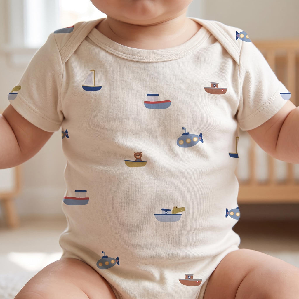 A cream-coloured short-sleeve baby bodysuit featuring an all-over print of various small watercraft including sailboats, submarines, and boats with animal passengers like a bear and a crocodile in shades of blue, brown, and yellow.