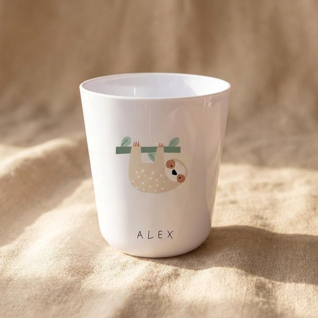 A white cup featuring a graphic illustration of a light brown sloth hanging from a green branch with leaves. The name ALEX is printed in black capital letters below the sloth illustration on the front of the smooth white cup.