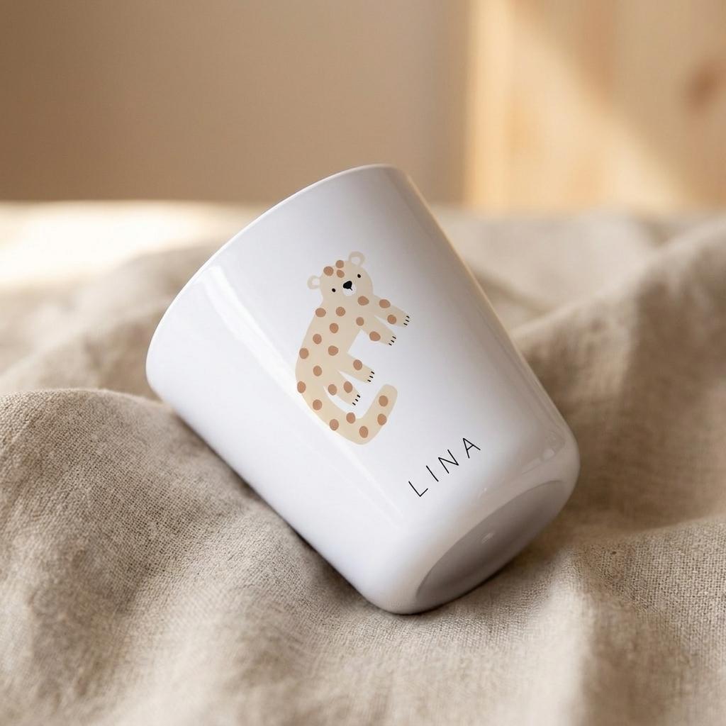 A white cup featuring a tan leopard illustration shaped like the letter E and the name LINA printed in black capital letters. The cup has a smooth, cylindrical body with a slightly tapered base and a clean, minimalist white finish.