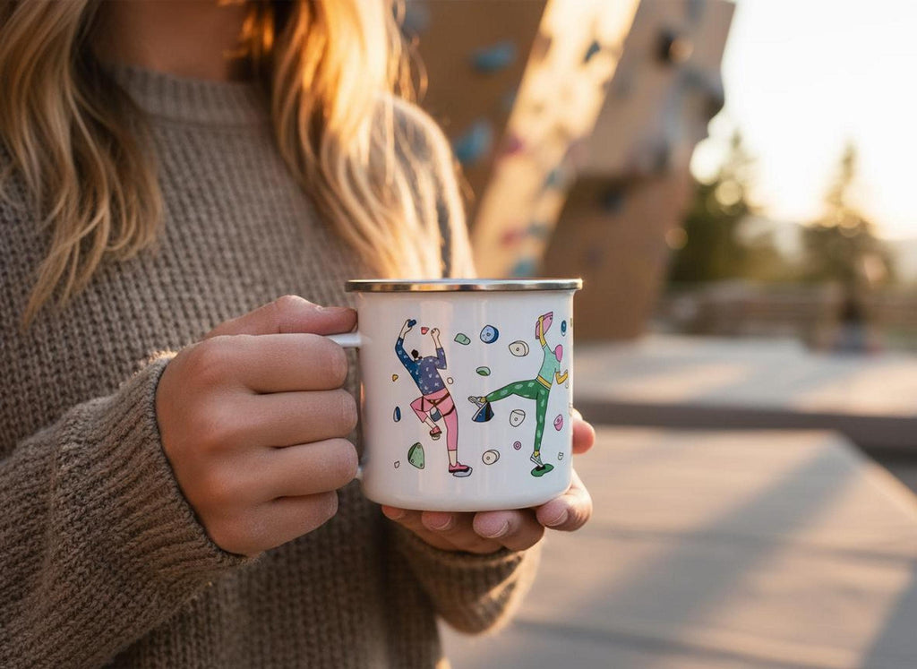 A person holds a white enamel mug with a rock climbing illustration outdoors.