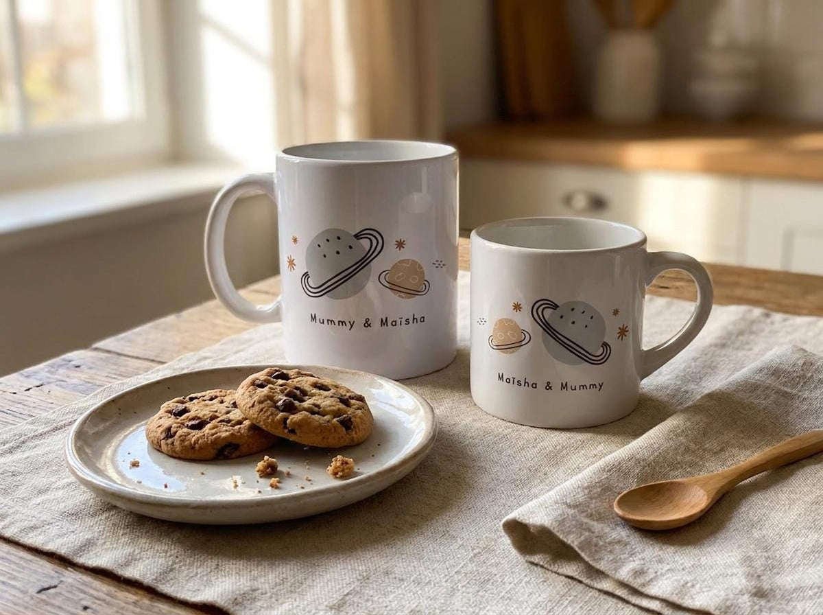 Two ceramic space-themed mugs stand next to a plate with two chocolate chip cookies and a wooden spoon on a cloth placemat.
