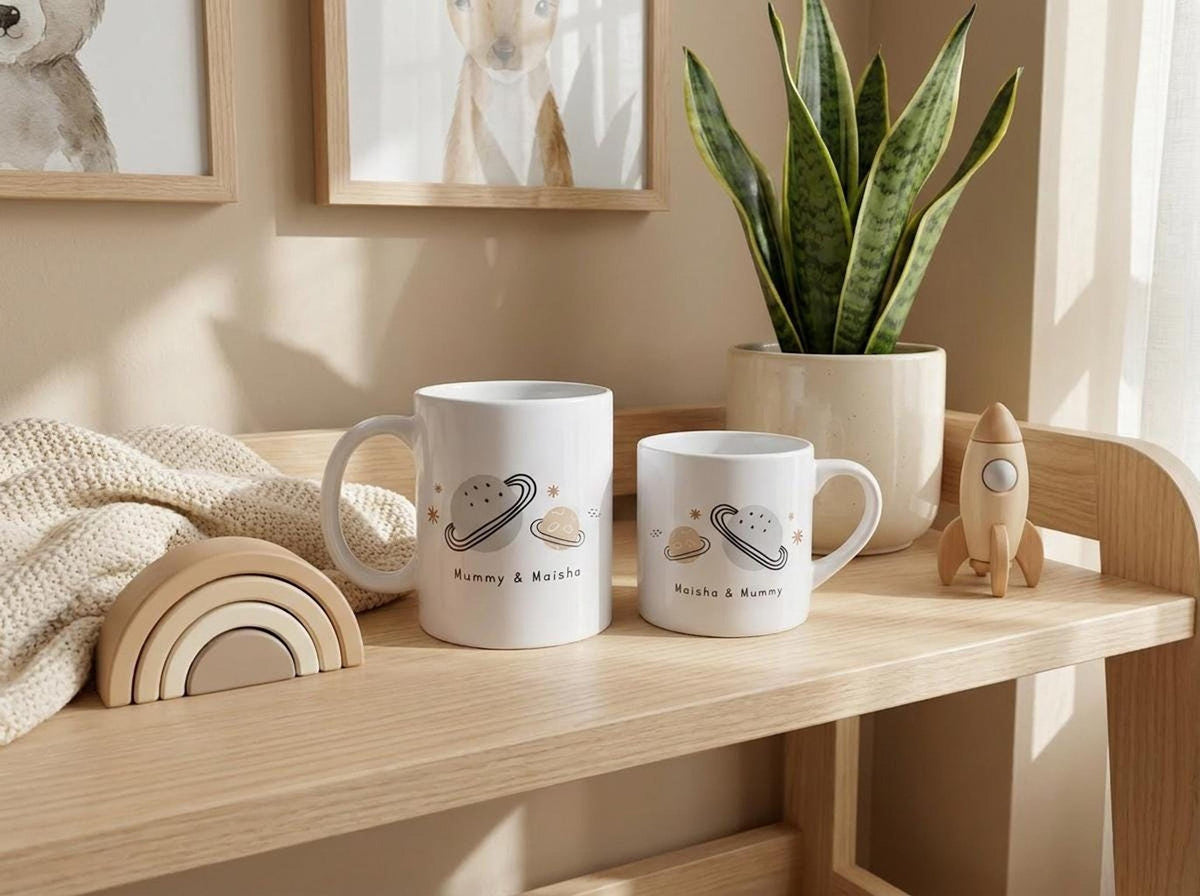 Two matching space mugs stand on a wooden shelf next to a small wooden rainbow toy, a potted plant, and a wooden rocket.