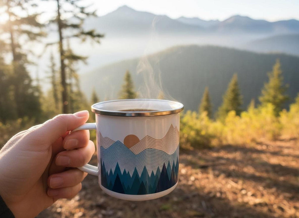 A hand holds a white enamel mug with a mountain and tree graphic against a blurry outdoor mountain and forest backdrop.